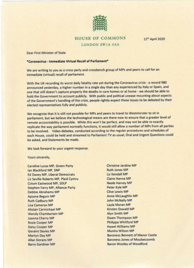 Cross Party Letter Recall Parliament