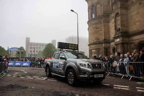 The Nissan Navara lead clock car at the start line of the Edinburgh Marathon.
